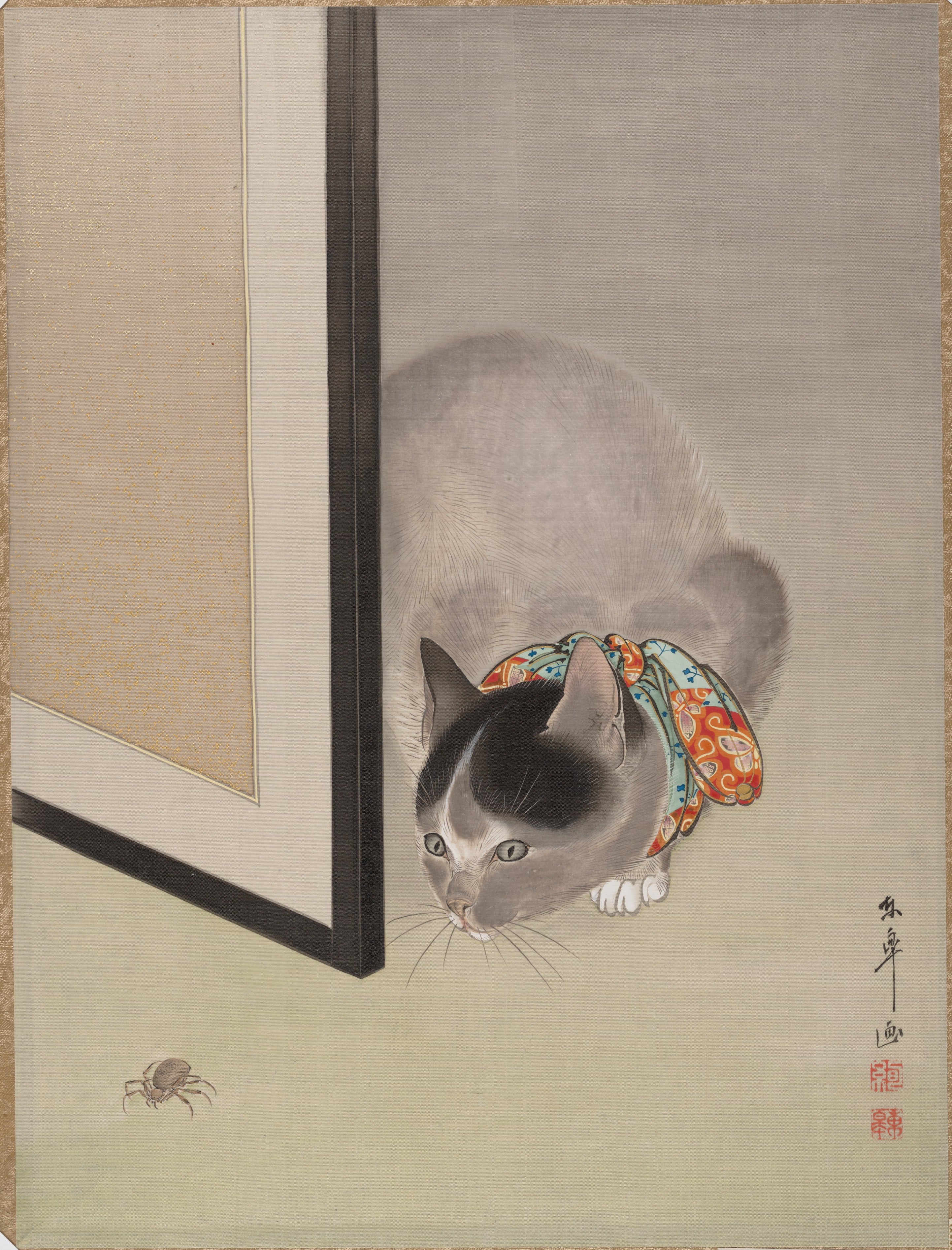 Ōide Tōkō - Cat watching a spider, 1861