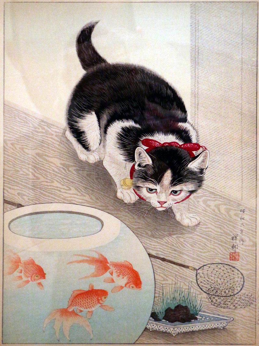 Ohara Koson - Chat et bocal de poissons