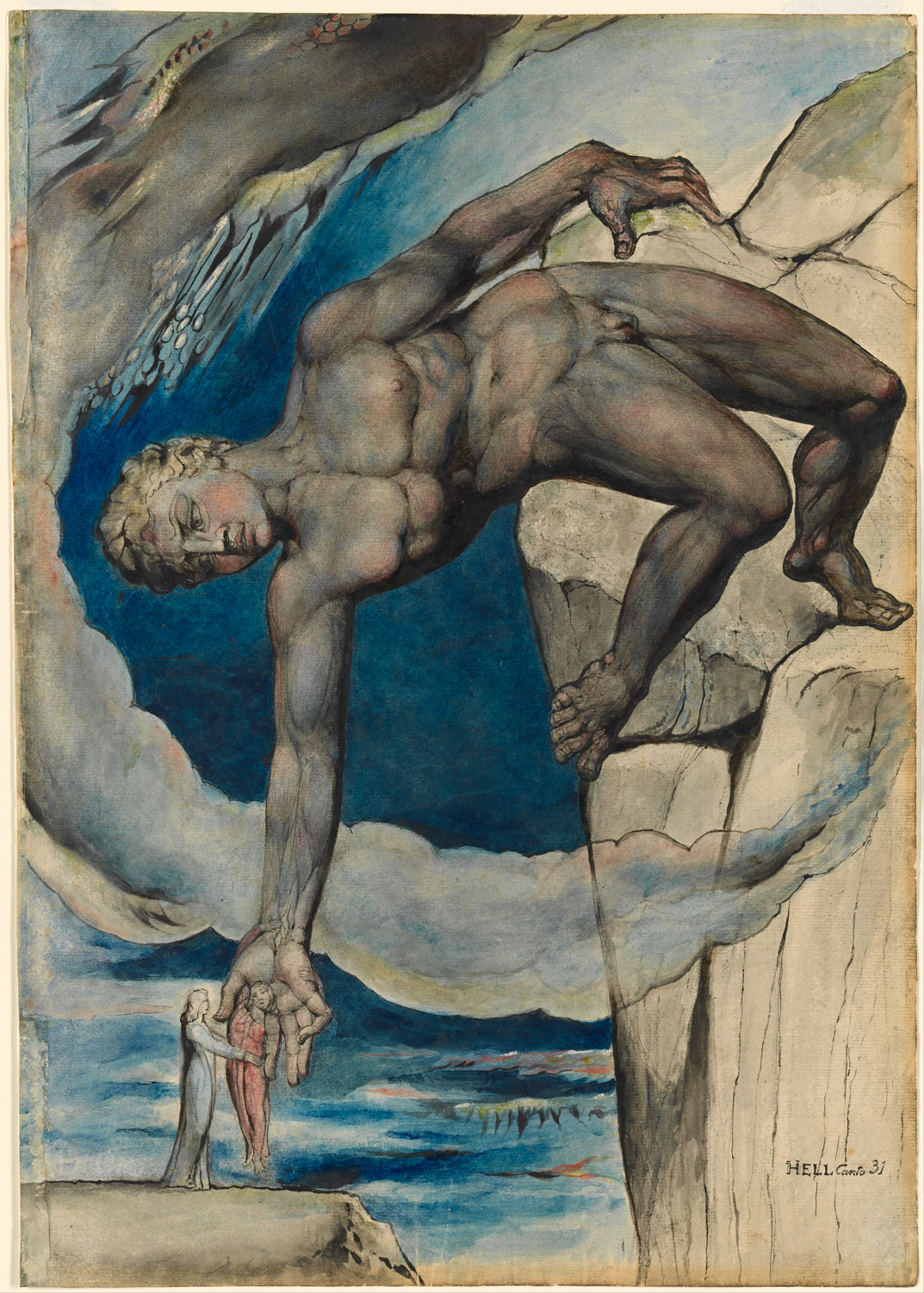 Blake William - Antée posant Dante et Virgile dans le dernier cercle de l'enfer
