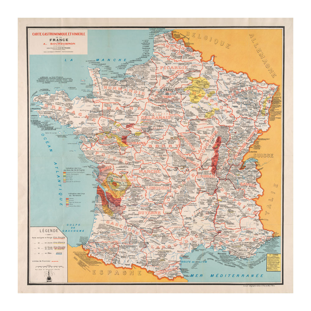 Carte Gastronomique Vinicole France 1932